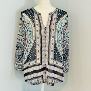 Lucky Brand Women's Top - Black and Blue Bohemian Blouse